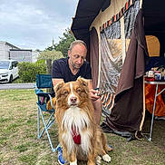 Ridley participe au concours pour gagner de l'argent avec cette photo : man, dog, camping, tent, outdoor, grass, chair, phone, pet, canine, leisure, nature, casual, summer, relaxation, beard, footwear, fence, vehicle, plastic_chair