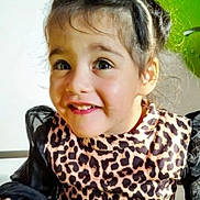 Elya a rejoint le concours — aidez-le/la à gagner de superbes lots ! child, girl, smiling, leopard_print, dress, black_sleeves, face, table, plate, spoon, food, green, indoor, happy, portrait, cute, young, person, hair, light