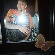 Kitty is registered to the contest to win money with this photo: bed, blanket, butterfly_sticker, cat, dark_background, flash_glare, hand, holding, home_decor, indoor, man, on_chest, orange_shirt, person, picture_frame, pillow, portrait, smiling, tabby_cat, tattoos