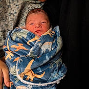 Alonzo is registered to the contest to win money with this photo: newborn, baby, infant, child, face, portrait, swaddled, blanket, dinosaur_pattern, adult, parent, cuddling, indoor, close_up, sleepy, alert, skin, nose_piercing, textile, family