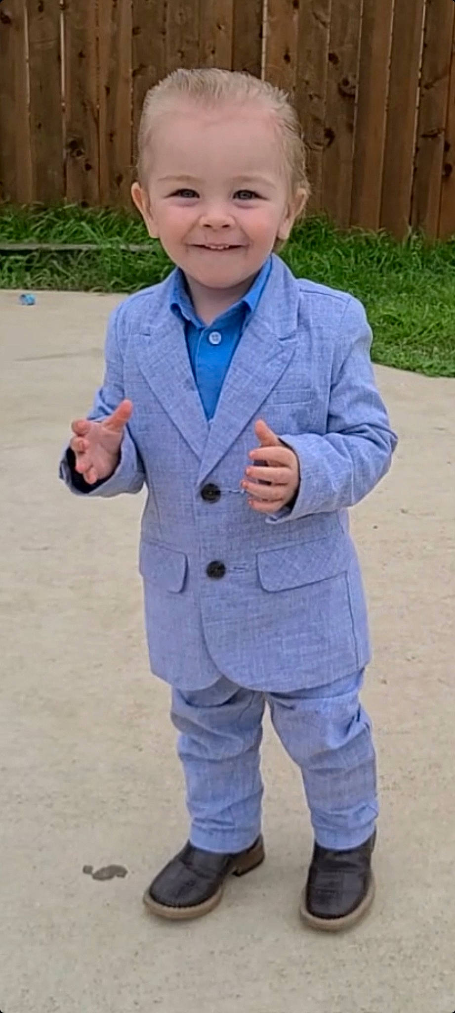 Ryan joined the competition — help win amazing prizes! blazer, button, child, collar, denim, dress_shirt, electric_blue, finger, formal_wear, gesture, happy, joy, pattern, person, sleeve, smile, suit, thumb, tie, toddler