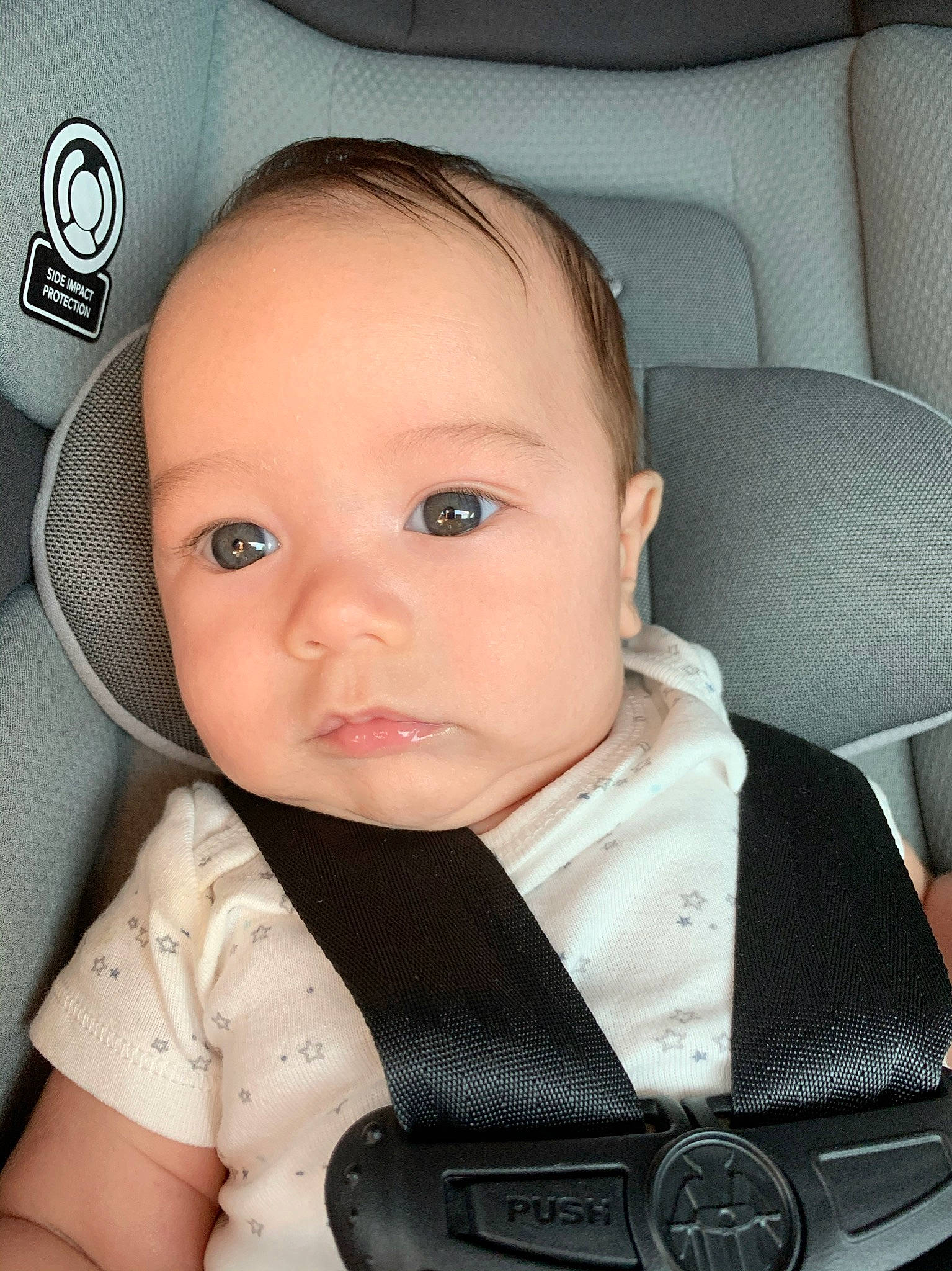 Todd joined the competition — help win amazing prizes! auto_part, baby, baby_in_car_seat, baby_products, car_seat, cheek, child, face, forehead, head, person, product, seat_belt, toddler