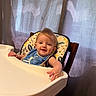 baby, child, high_chair, bib, smiling, indoor, curtain, light, shadow, furniture, person, blond_hair, happy, reaching, seat, table, infant, cute, portrait, home