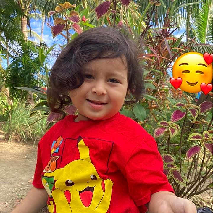 Shayden is registered to the contest to win money with this photo: casual_clothing, child, curly_hair, cute, daytime, emoji, greenery, happy, nature, outdoor, person, pikachu, plants, playful, portrait, red_tshirt, smiling, sunlight, toy_car, young_child