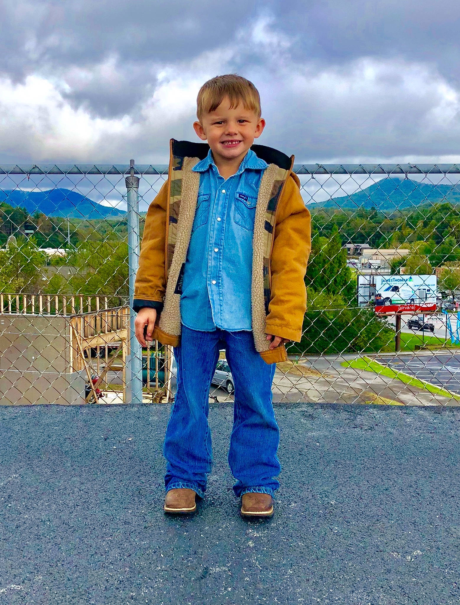 Gannon joined the competition — help win amazing prizes! child, denim, fun, jacket, jeans, joy, outerwear, person, sky, standing, tourism, travel, vacation