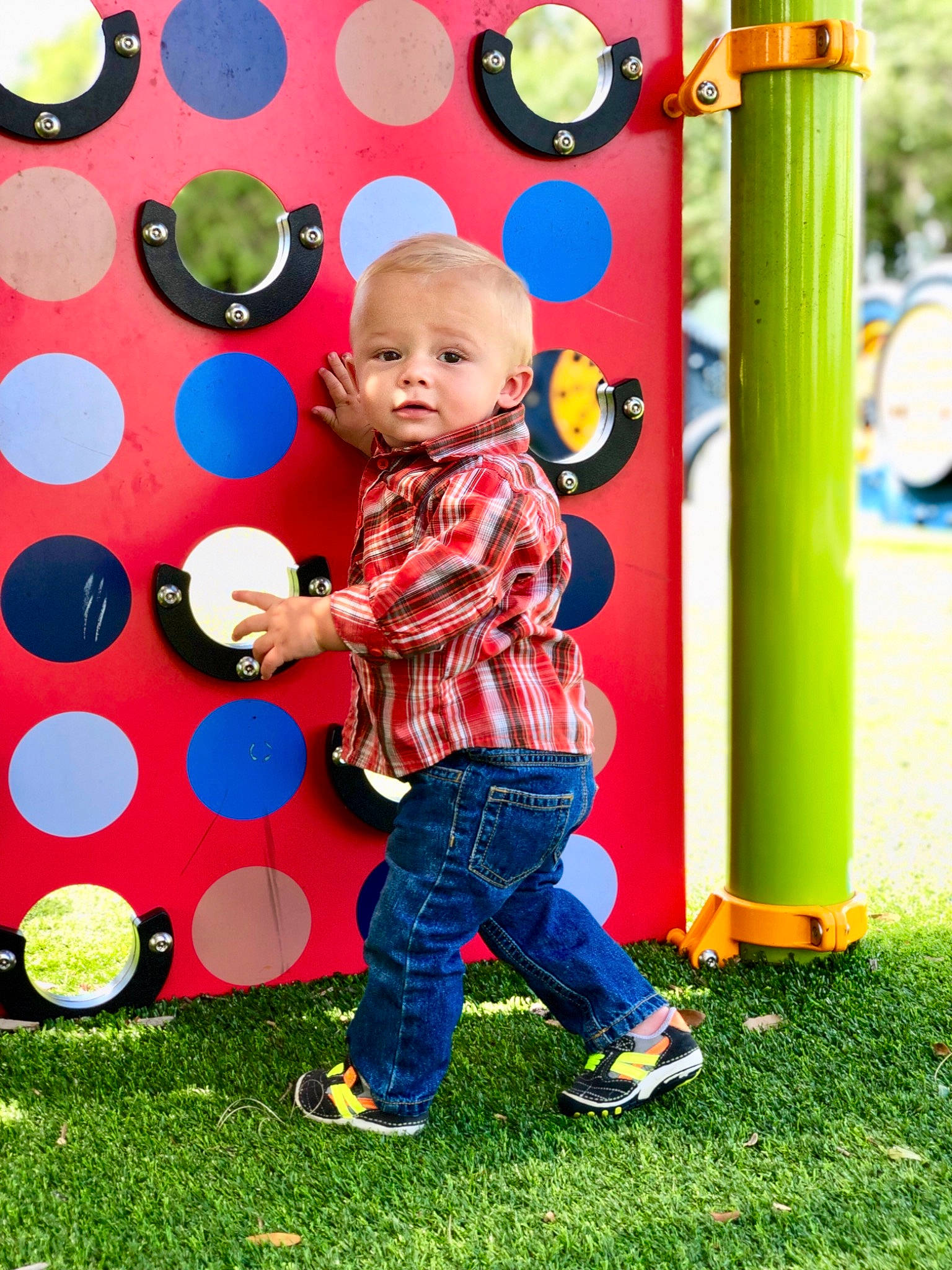 Caysen joined the competition — help win amazing prizes! baby, child, denim, fun, party, pattern, person, play, playground, recreation, smile, toddler