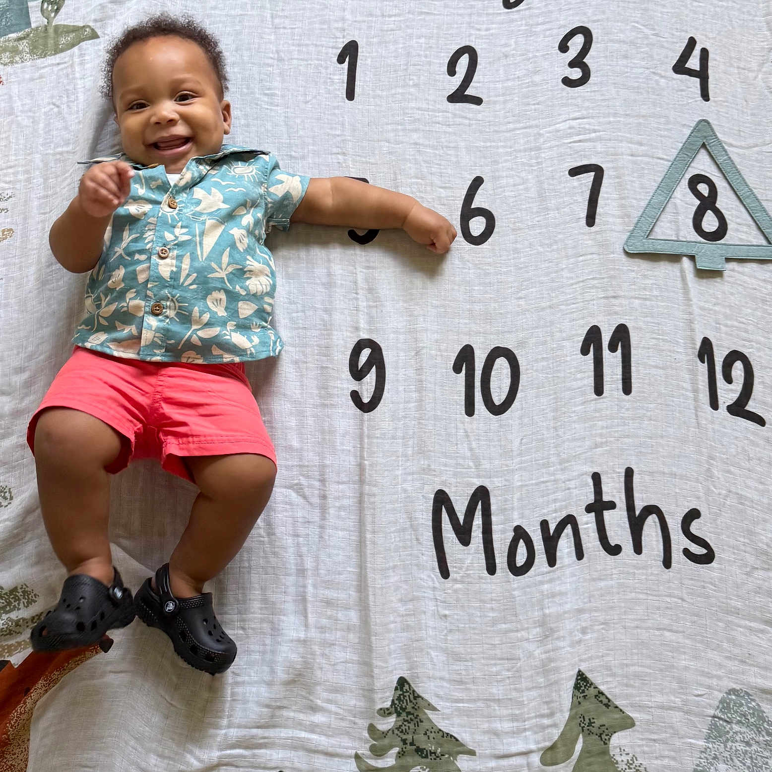 Jaymier is registered to the contest to win money with this photo: baby, celebration, child, cute, decorative_blanket, happy, indoors, lying_down, milestone_blanket, months, number, patterned_clothing, pointing, portrait, shirt, shoes, shorts, smiling, text, toddler