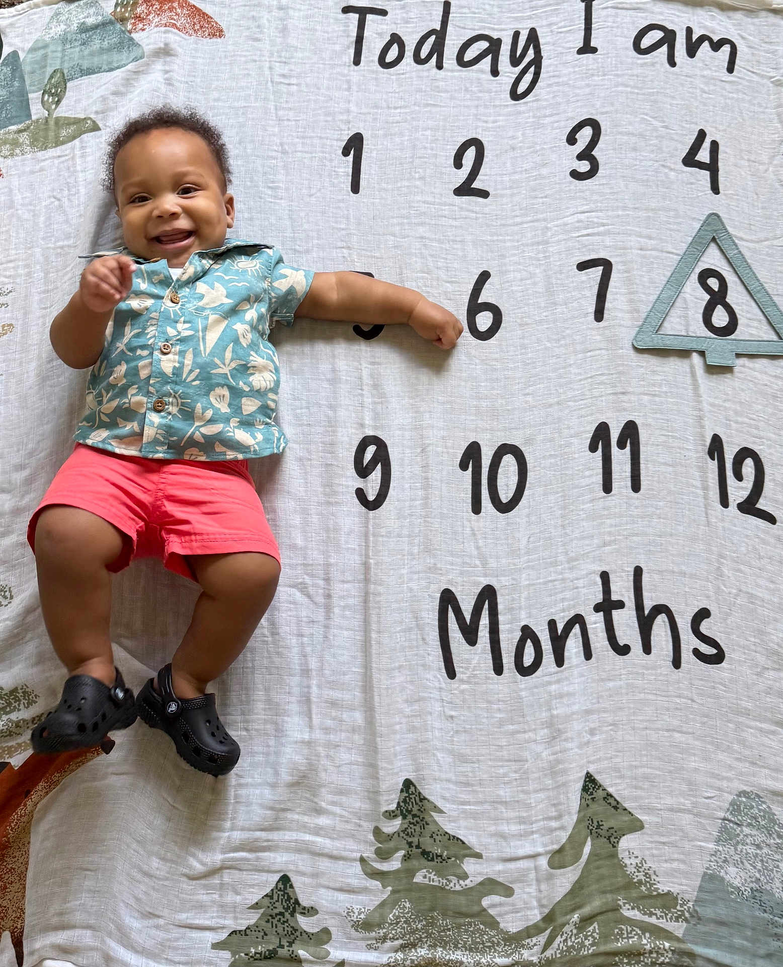 Jaymier is registered to the contest to win money with this photo: baby, child, smiling, milestone_blanket, months, shirt, shorts, shoes, pointing, lying_down, indoors, happy, cute, toddler, patterned_clothing, text, number, decorative_blanket, celebration, portrait