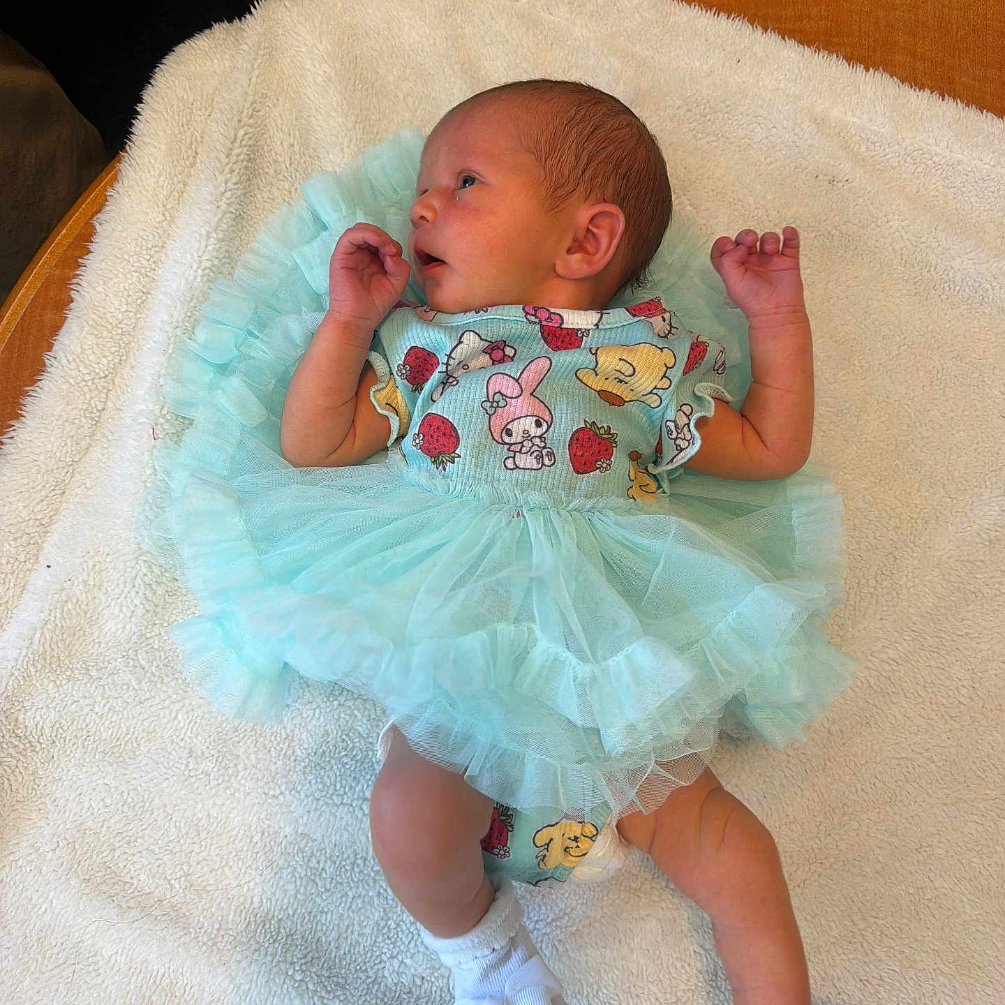 Oaklee is registered to the contest to win money with this photo: baby, newborn, infant, dress, blue_dress, cartoon_print, socks, white_socks, bow, blanket, soft_texture, lying_down, cute, small_hands, small_feet, indoors, person, child, portrait, sleepwear