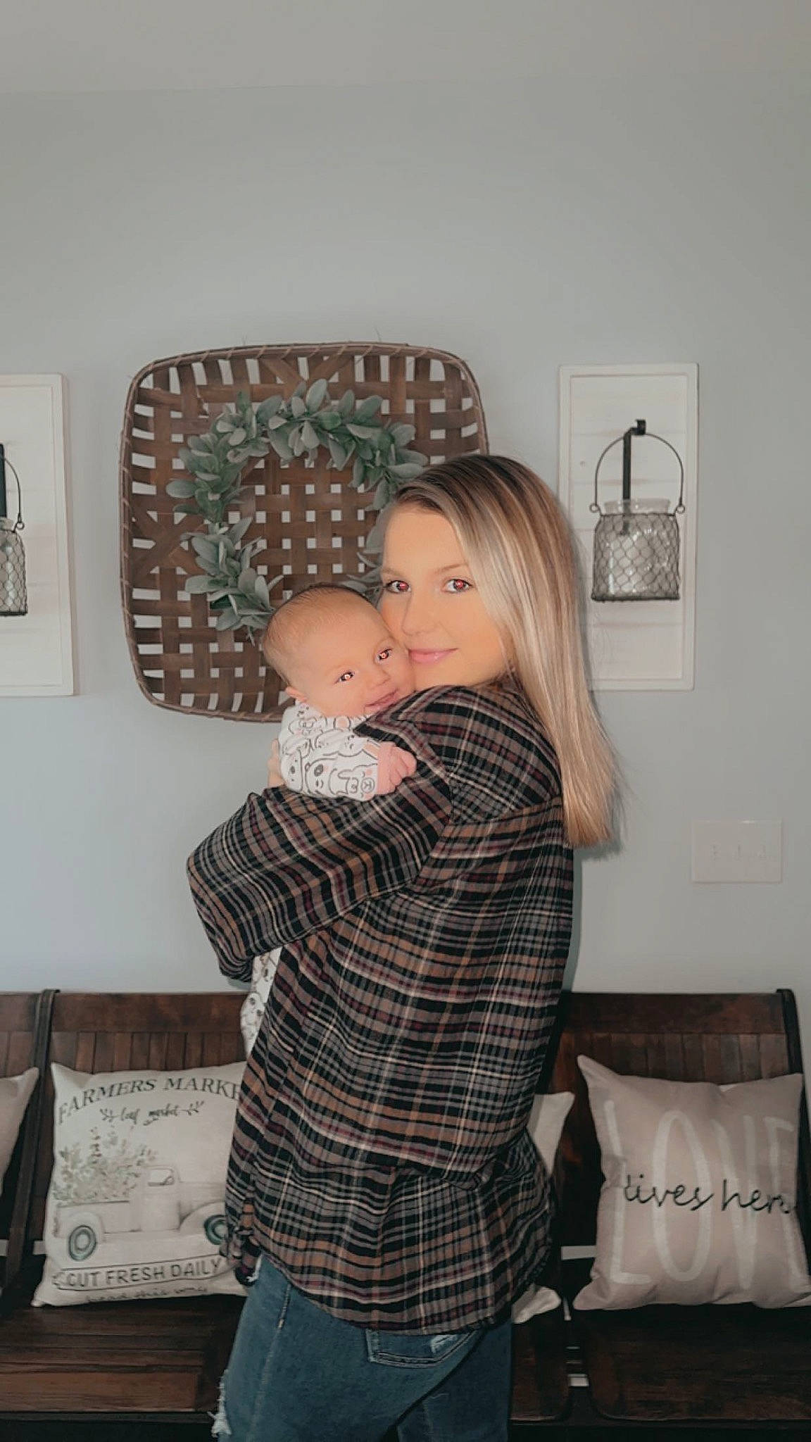 Adalyn is registered to the contest to win money with this photo: chair, eyewear, fashion_design, flooring, fun, fur, happy, jeans, joy, living_room, pattern, person, picture_frame, plaid, room, sitting, sleeve, standing, t_shirt, textile