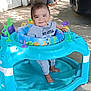 baby, walker, smile, outdoor, child, toy, foot, plant, concrete, play, happy, clothing, person, seat, sunlight, shadow, face, blue, green, purple