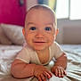 baby, infant, smile, face, eyes, arms, bed, blanket, white_clothing, indoors, window, natural_light, skin, cute, child, person, happy, young, head, lying_down