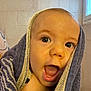 baby, child, towel, bathroom, face, expression, happy, cute, skin, head, mouth, eyes, wet, indoors, portrait, young, person, closeup, infant, smile
