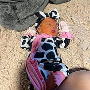 Sofia is registered to the contest to win money with this photo: newborn, baby, sleeping, cow_print, onesie, headband, pink, black_and_white, feet, carpet, blanket, soft_texture, infant, child, cute, cozy, indoor, person, resting, clothing