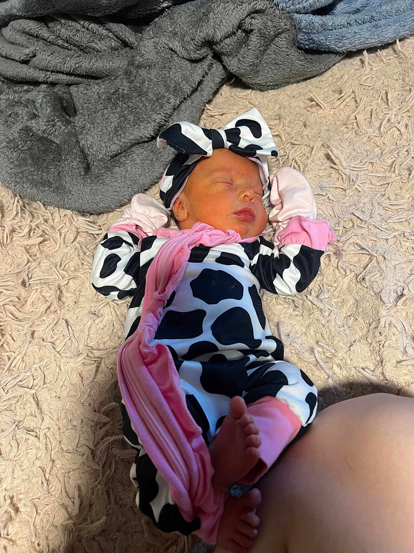 Sofia is registered to the contest to win money with this photo: newborn, baby, sleeping, cow_print, onesie, headband, pink, black_and_white, feet, carpet, blanket, soft_texture, infant, child, cute, cozy, indoor, person, resting, clothing