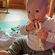 Henri participe au concours pour gagner de l'argent avec cette photo : baby, child, indoor, teething_toy, giraffe_toy, play_mat, curious, sitting, floor, natural_light, wooden_door, clothing, long_sleeve, pants, barefoot, hand, face, expression, cute, infant