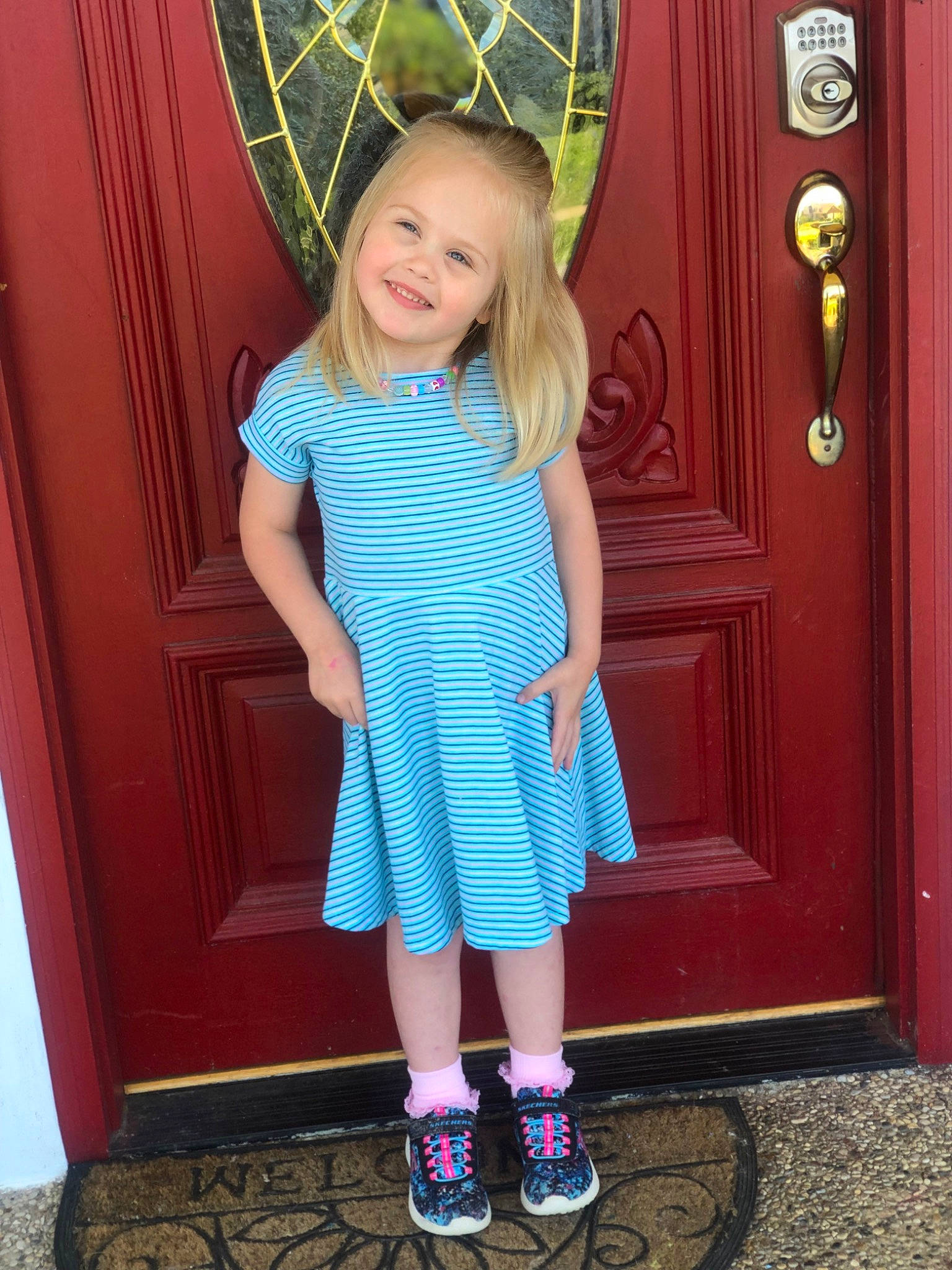 Lexi joined the competition — help win amazing prizes! baby_toddler_clothing, beauty, child, door, dress, fun, happy, joy, magenta, people, person, pink, product, purple, red, sleeve, smile, standing, street_fashion, t_shirt