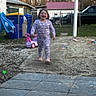 toddler, child, pajamas, running, toy, slide, outdoor, backyard, smiling, happy, recycling_bin, car, fence, grass, concrete, trees, play, person, daylight, footwear