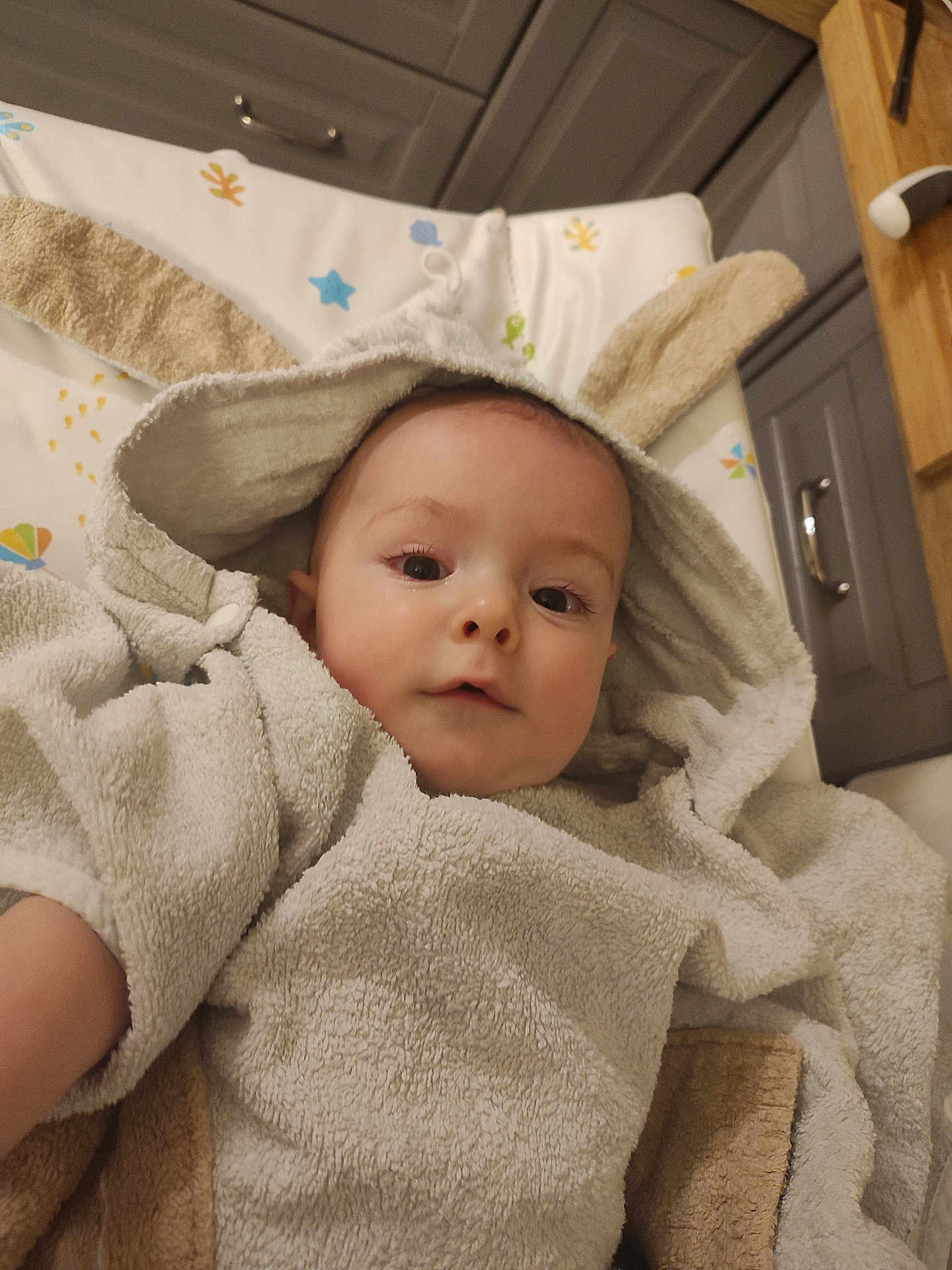Alban participe au concours pour gagner de l'argent avec cette photo : baby, child, towel, hooded_towel, bunny_ears, face, infant, cute, soft_texture, kitchen, cabinet, wooden_counter, baby_mat, colorful, portrait, indoor, skin, expression, eyes, person