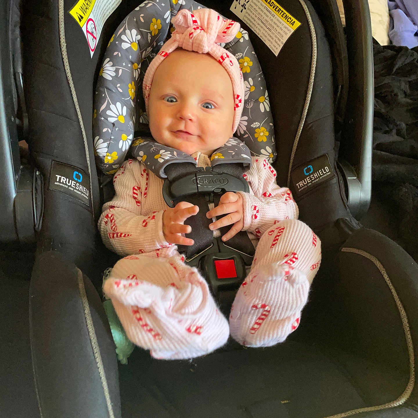 Roselee joined the competition — help win amazing prizes! baby, bonnet, cap, car, car_interior, carseat, clothing, coat, cushion, face, gun, hat, head, homedecor, person, photography, portrait, transportation, vehicle, weapon