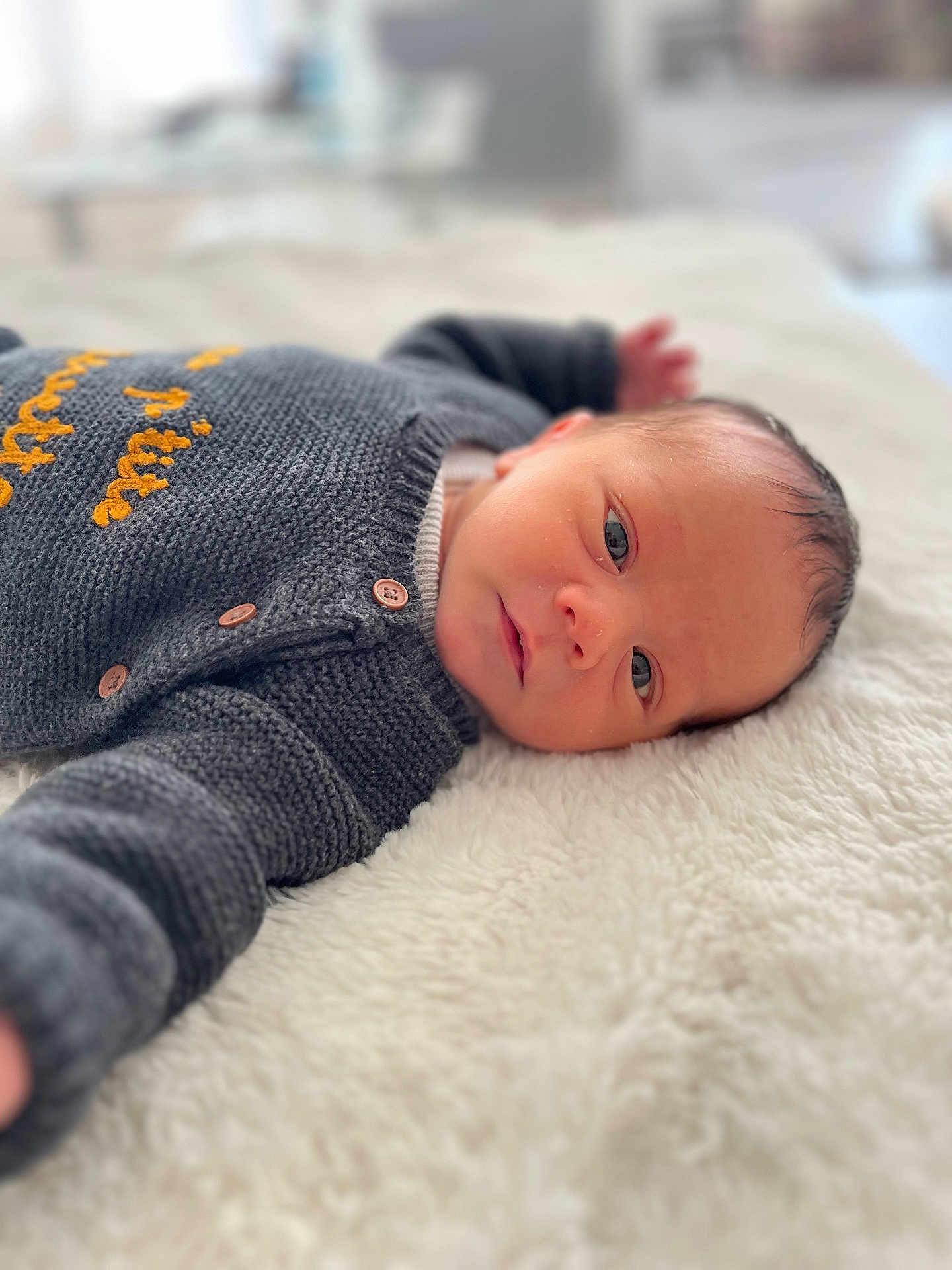 Gabriel a rejoint le concours — aidez-le/la à gagner de superbes lots ! baby, infant, newborn, lying_down, blanket, knitted_sweater, gray_clothing, face, eyes, cozy, soft_texture, indoor, portrait, cute, young_child, child, warm, sleepy, resting, human
