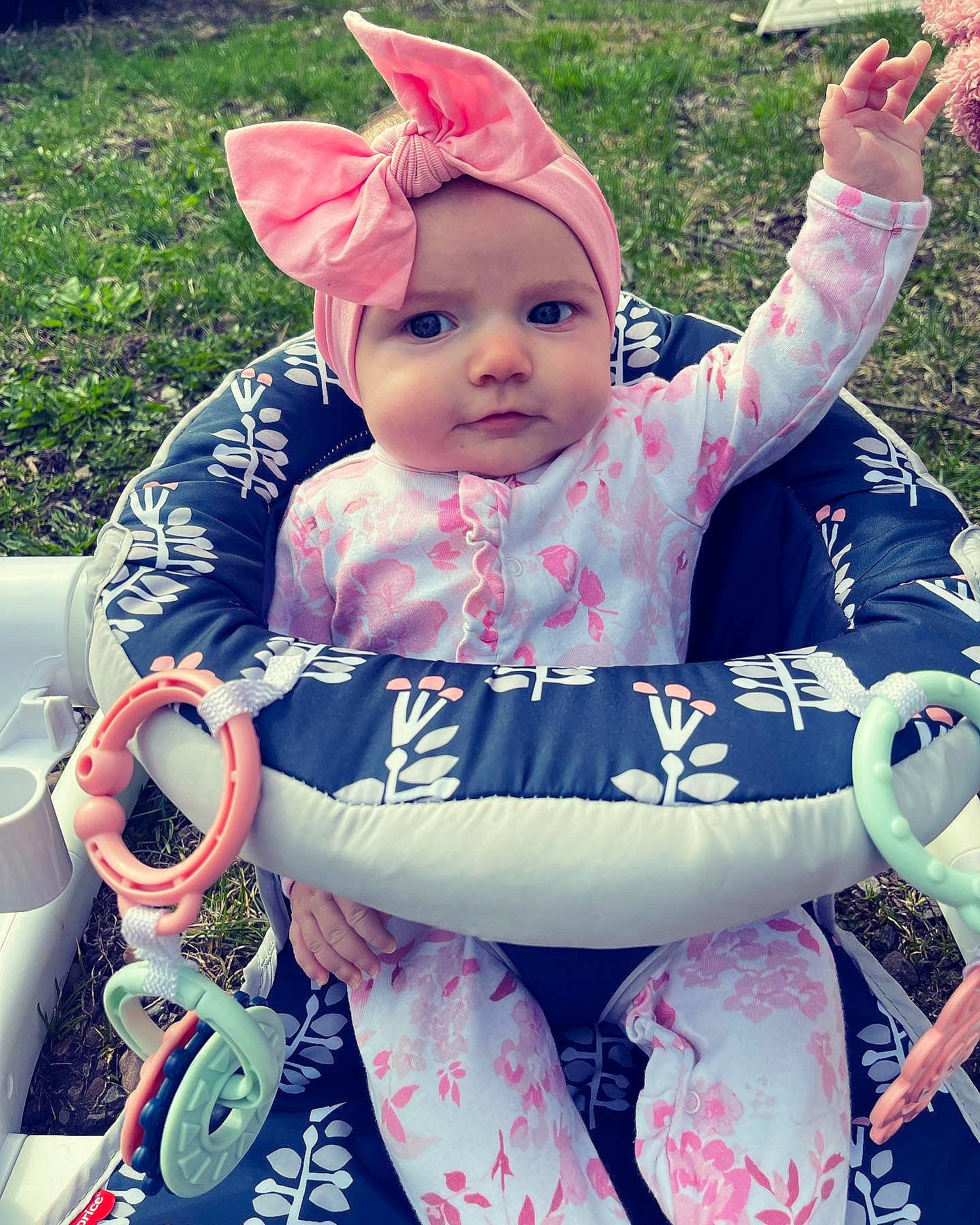 Enslee joined the competition — help win amazing prizes! baby, baby_carriage, baby_toddler_clothing, cap, child, cool, costume_hat, fun, grass, happy, hat, headwear, leisure, magenta, person, pink, plant, purple, recreation, sitting
