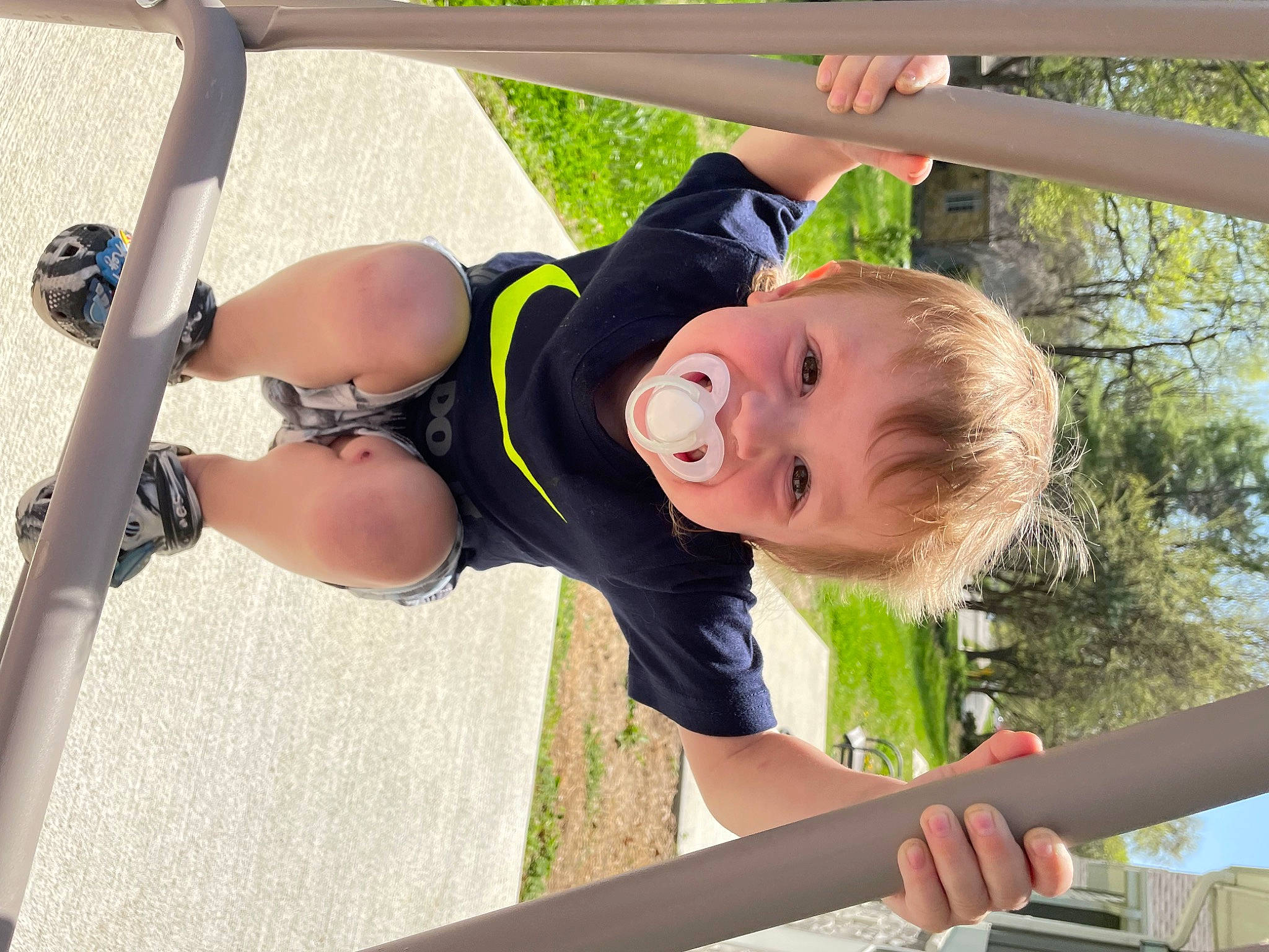 William joined the competition — help win amazing prizes! arm, child, elbow, fun, grass, happy, human_leg, human_settlement, knee, leisure, outdoor_play_equipment, person, recreation, shorts, sky, summer, swing, t_shirt, thigh, toddler
