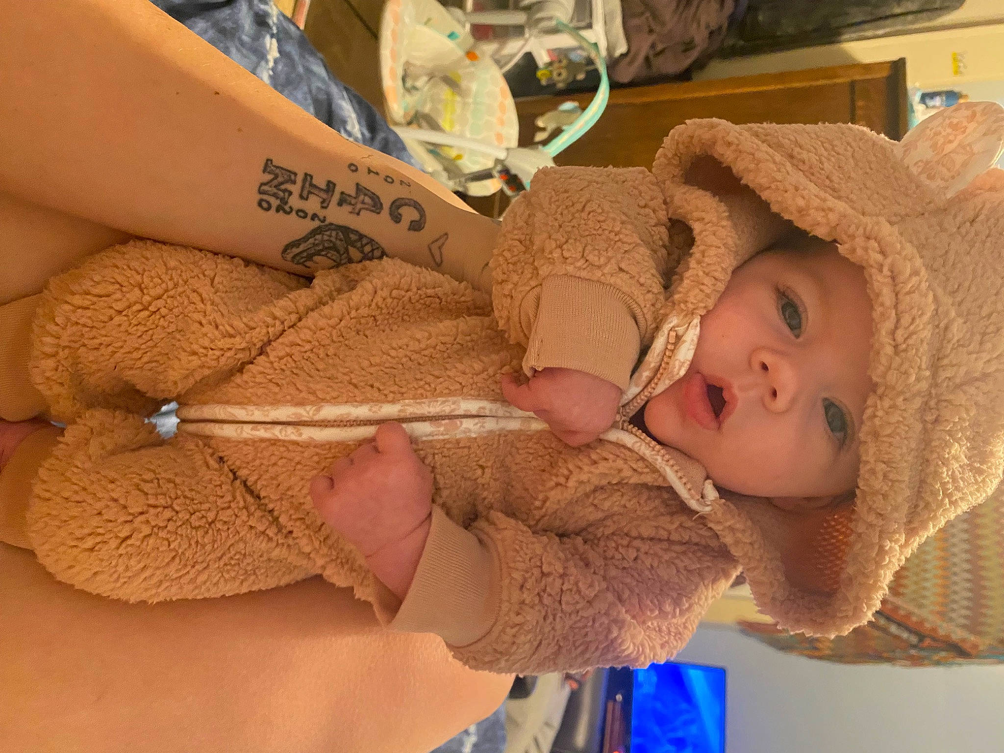 Karma joined the competition — help win amazing prizes! abdomen, baby, baby_toddler_clothing, chest, child, comfort, fashion_accessory, hat, headgear, headwear, human_leg, linens, pattern, person, skin, sun_hat, thread, toddler, waist, wood