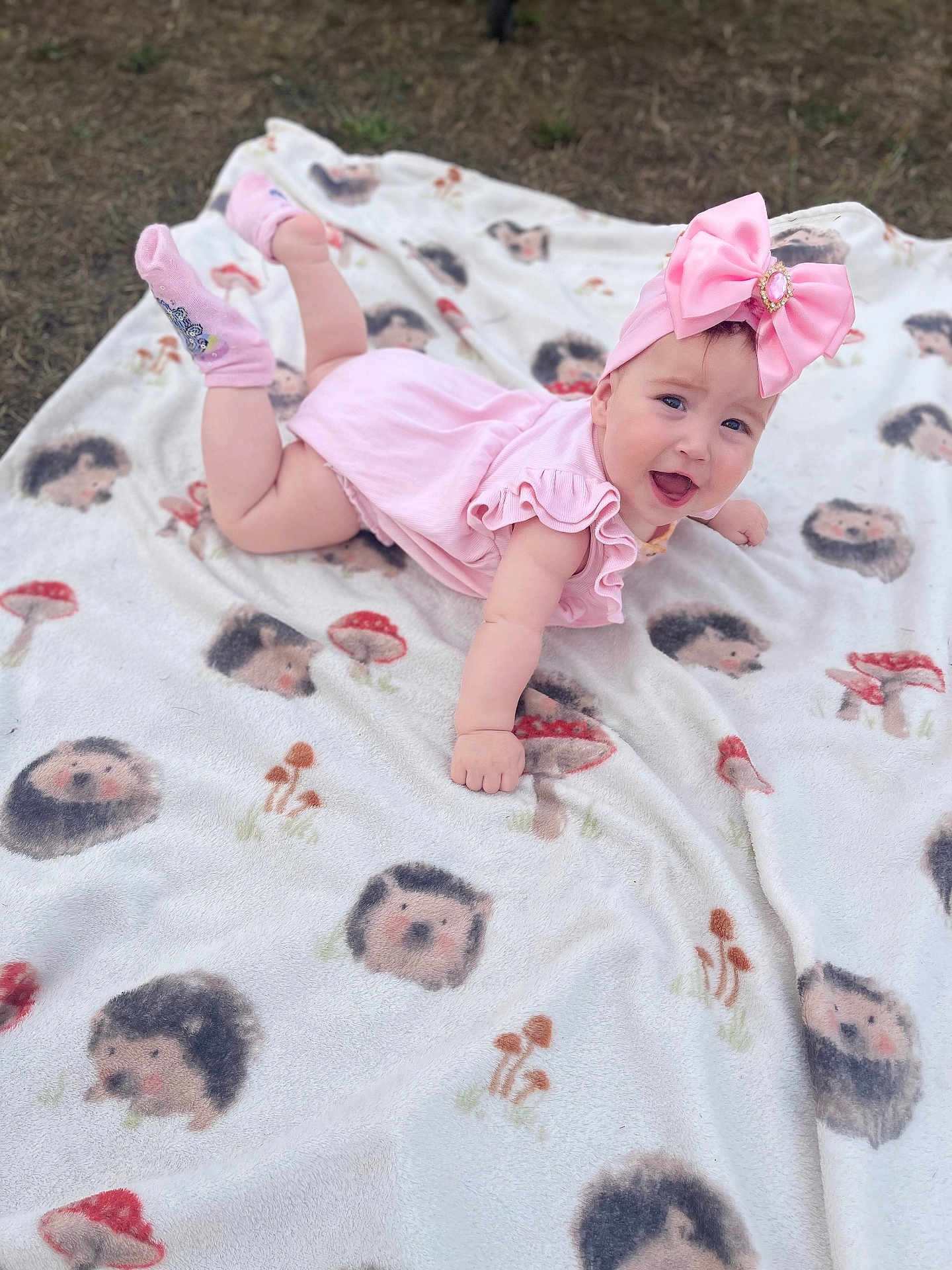 Erika is registered to the contest to win money with this photo: baby, child, pink_dress, headband, bow, blanket, hedgehog_pattern, mushroom_pattern, outdoor, grass, tummy_pose, smiling, cute, infant, happy, clothing, sock, portrait, playtime, soft_texture