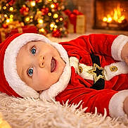 Lyloo participe au concours pour gagner de l'argent avec cette photo : baby, blue_eyes, bokeh, celebration, child, christmas_tree, cozy, cute, festive, fireplace, fluffy_rug, holiday, indoor, lights, portrait, red_clothing, santa_claus_costume, smiling, white_fur, winter