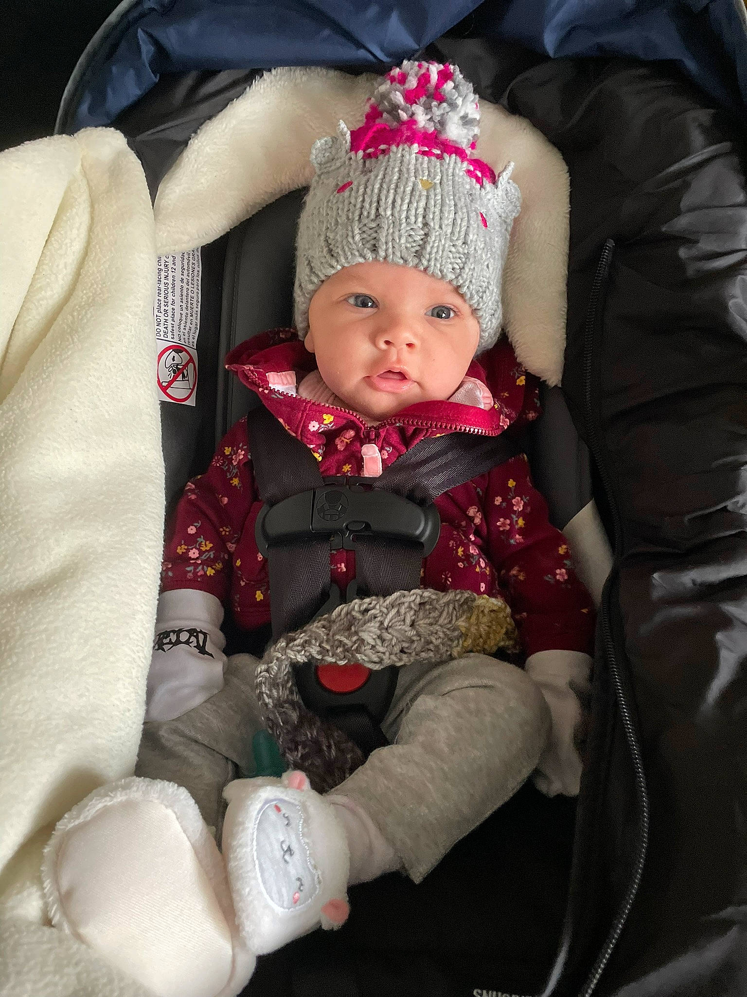 Clementine joined the competition — help win amazing prizes! baby, baby_carriage, baby_products, baby_toddler_clothing, beanie, cap, car_seat, carmine, child, comfort, fashion_accessory, fun, happy, headwear, knit_cap, lap, person, sitting, sleeve, toddler