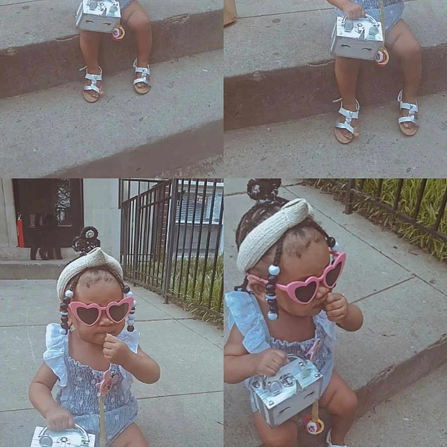 Amour'E is registered to the contest to win money with this photo: braids, building, child, collage, concrete, cute, dog, door, fence, greenery, headband, heart_shaped, outdoor, playing, purse, sandals, sidewalk, steps, sunglasses, toddler