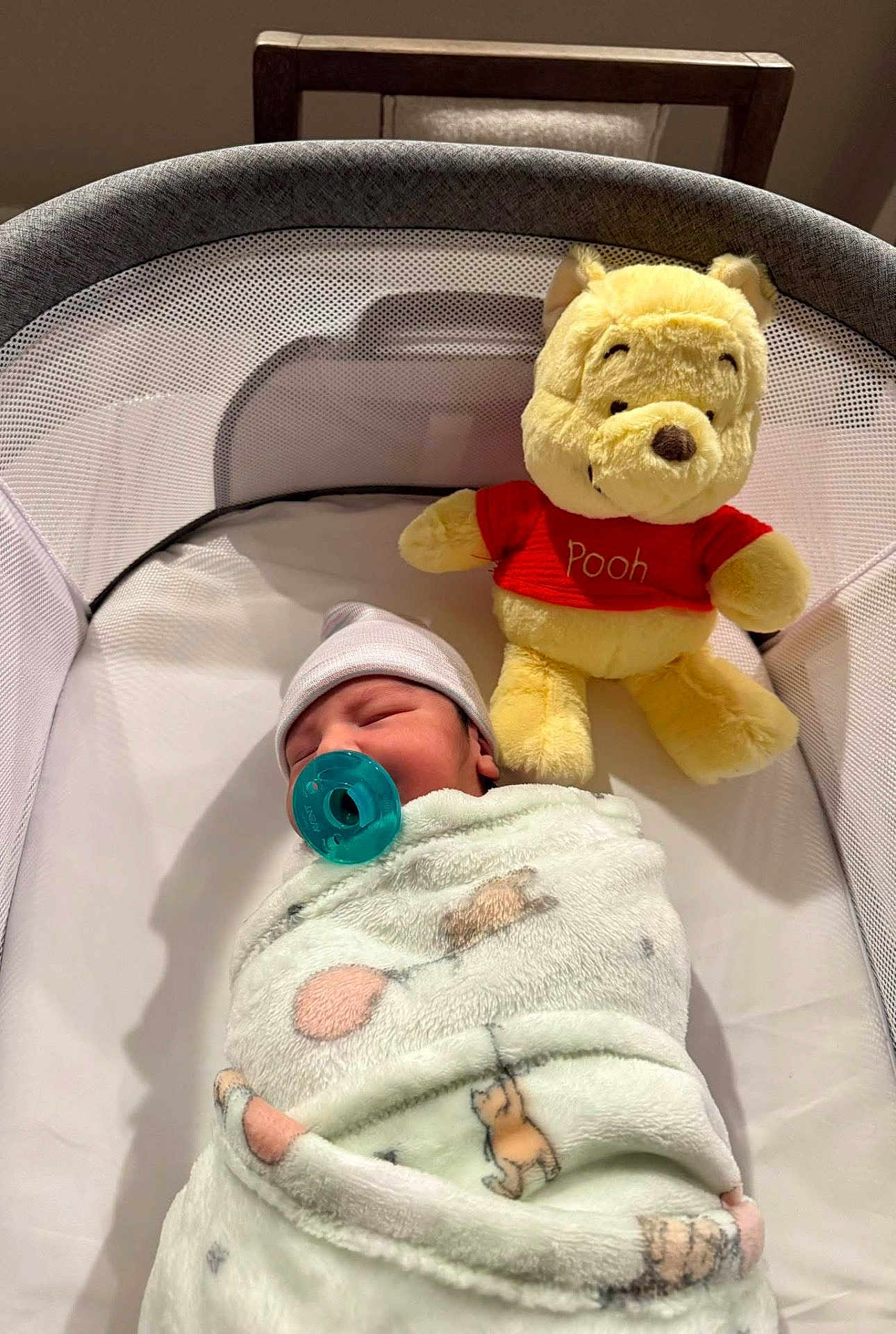 Josiah is registered to the contest to win money with this photo: newborn, baby, blanket, bassinet, pacifier, plush_toy, winnie_the_pooh, sleeping, hat, cozy, infant, child, nursery, soft_toy, resting, cute, comfort, indoor, peaceful, person