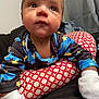 Zayden is registered to the contest to win money with this photo: baby, infant, pajamas, mittens, pillow, patterned_pillow, face, expression, indoor, curious, closeup, person, child, sleepwear, bedroom, soft_toys, crawling, skin, head, eyes