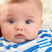 Alexio participe au concours pour gagner de l'argent avec cette photo : baby, infant, face, blue_eyes, closeup, portrait, striped_shirt, clothing, cheeks, lips, nose, ear, gaze, soft_background, couch, skin, youth, indoors, cute, expression