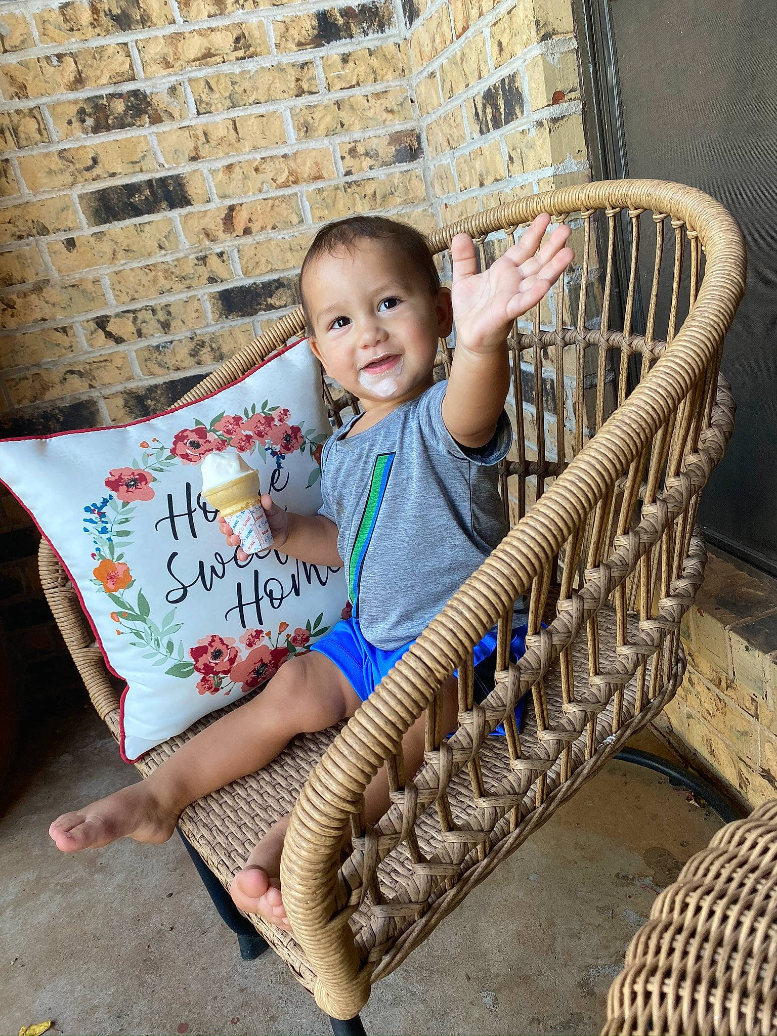 Kolson is registered to the contest to win money with this photo: baby_toddler_clothing, basket, brick, chair, child, comfort, fun, grass, happy, home_accessories, joy, leisure, outdoor_furniture, pattern, person, sitting, smile, storage_basket, toddler, travel