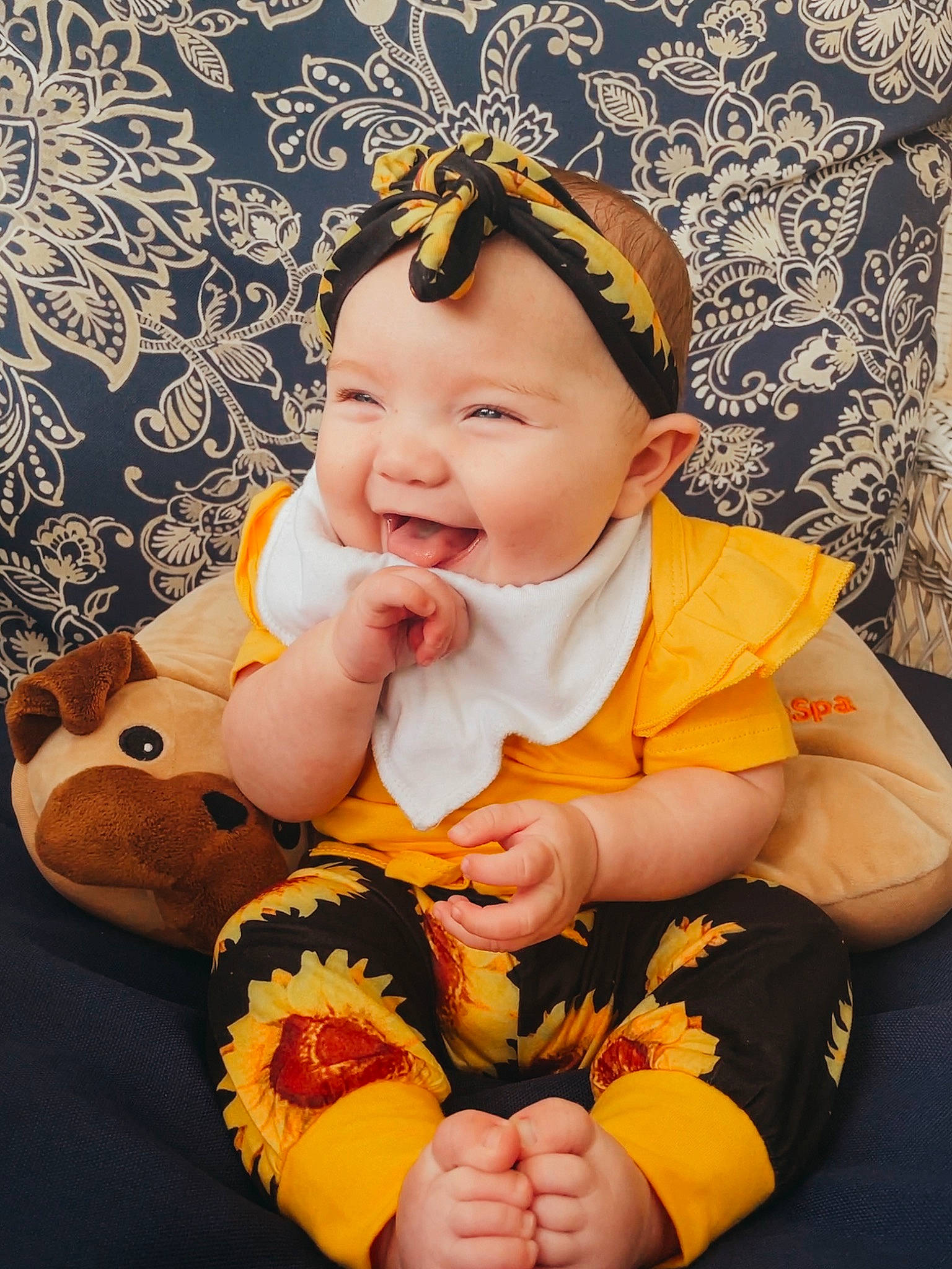 Leyla joined the competition — help win amazing prizes! baby, baby_toddler_clothing, cheek, child, dress, eye, facial_expression, finger, hand, happy, head, headwear, human, mammal, orange, organ, person, smile, snapshot, toddler
