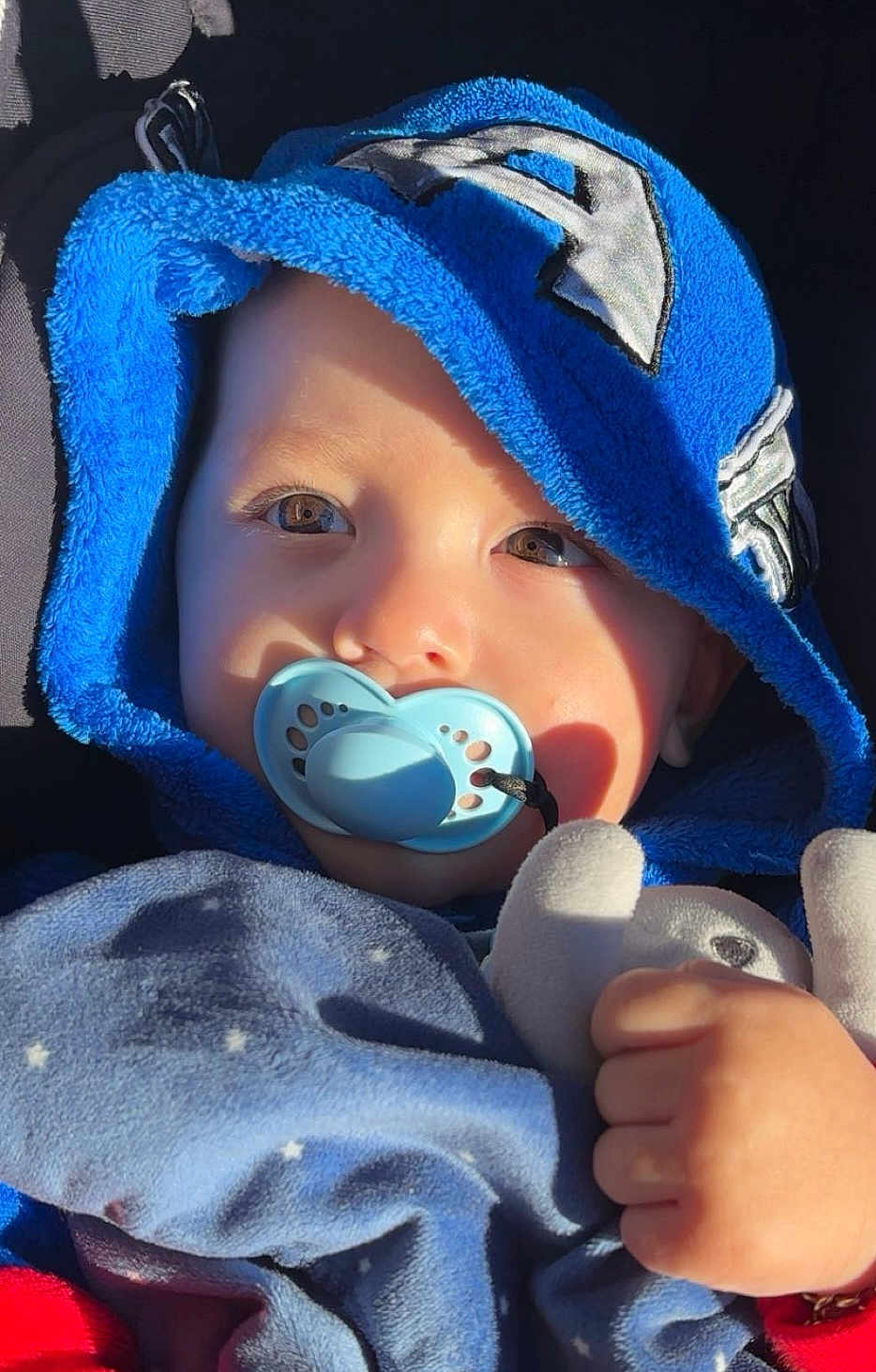 Jean participe au concours pour gagner de l'argent avec cette photo : baby, baby_clothing, blanket, blue_hood, cheek, close_up, cute, eyes, face, hand, hoodie, infant, nap_time, pacifier, plush_toy, portrait, skin, soft_toy, stroller, sunlight