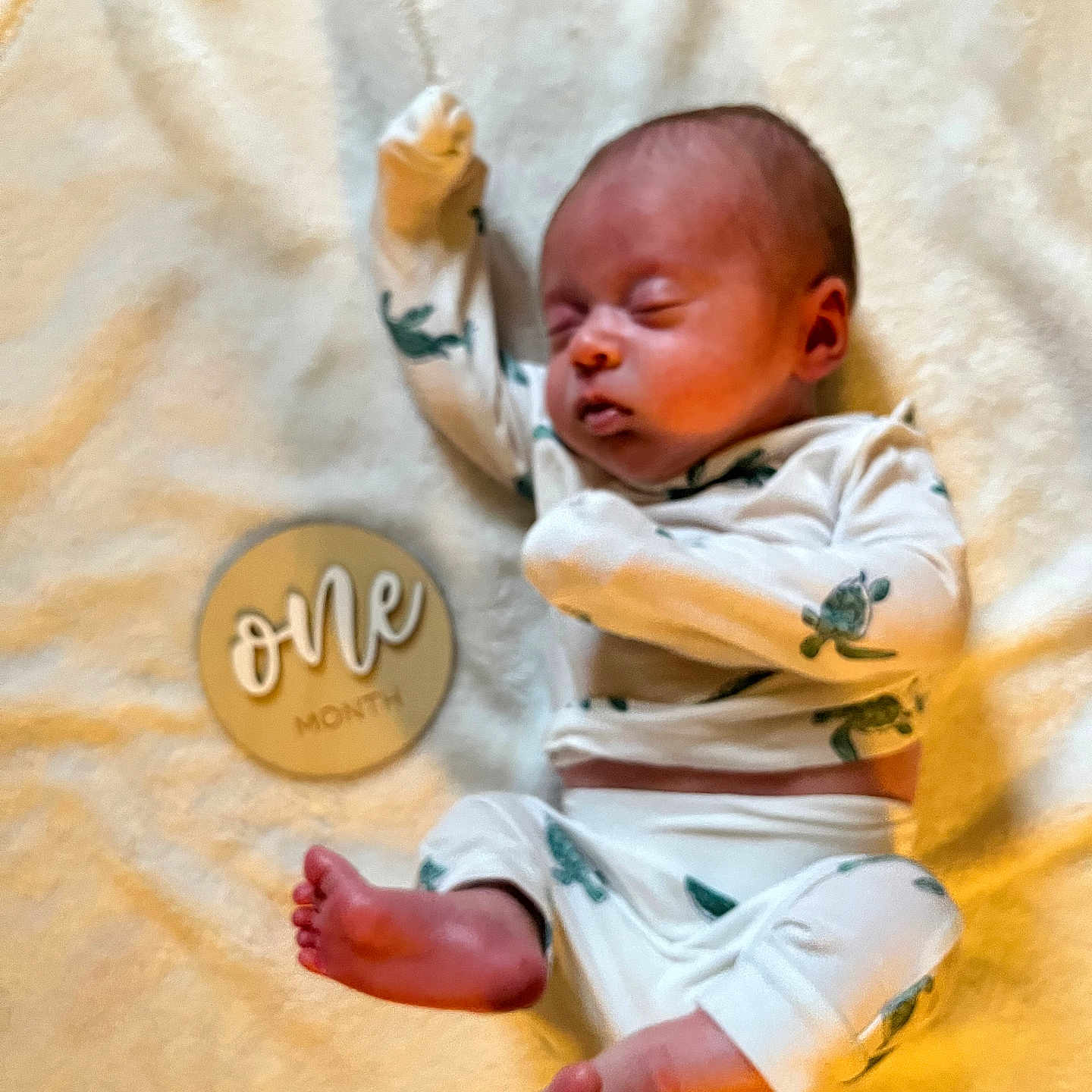 Dawson is registered to the contest to win money with this photo: baby, blanket, child, clothing, cute, feet, hands, indoors, infant, milestone, newborn, one_month, peaceful, person, plaque, portrait, sleep, sleeping, soft, turtle_pattern