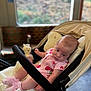 Michelle is registered to the contest to win money with this photo: baby, blurred_background, bunny, child, cushion, cute, face, indoor, infant, onesie, person, pink_clothing, seated, sock, soft_toy, stroller, toy, train, transport, window