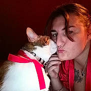 Noisette a rejoint le concours — aidez-le/la à gagner de superbes lots ! cat, woman, person, pet, portrait, selfie, kiss, affection, ribbon, pink_ribbon, collar, bell, whiskers, white_fur, tabby, red_clothing, tattoo, indoor, closeup, humor