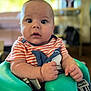 baby, child, infant, seat, green, striped_shirt, indoor, curious, wide_eyes, hands, face, expression, blurred_background, furniture, cushion, sitting, person, young, close_up, casual