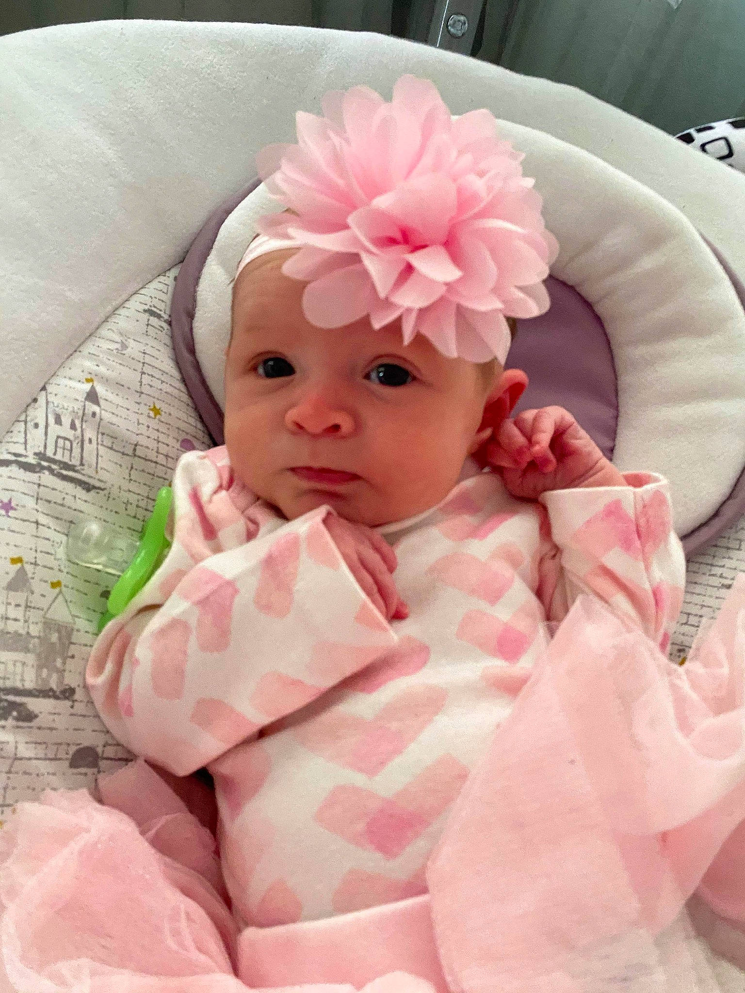 Coraline is registered to the contest to win money with this photo: baby, baby_safety, baby_sleeping, baby_toddler_clothing, comfort, flower, head, headband, headpiece, headwear, linens, lip, magenta, pattern, peach, person, petal, pink, skin, sleeve