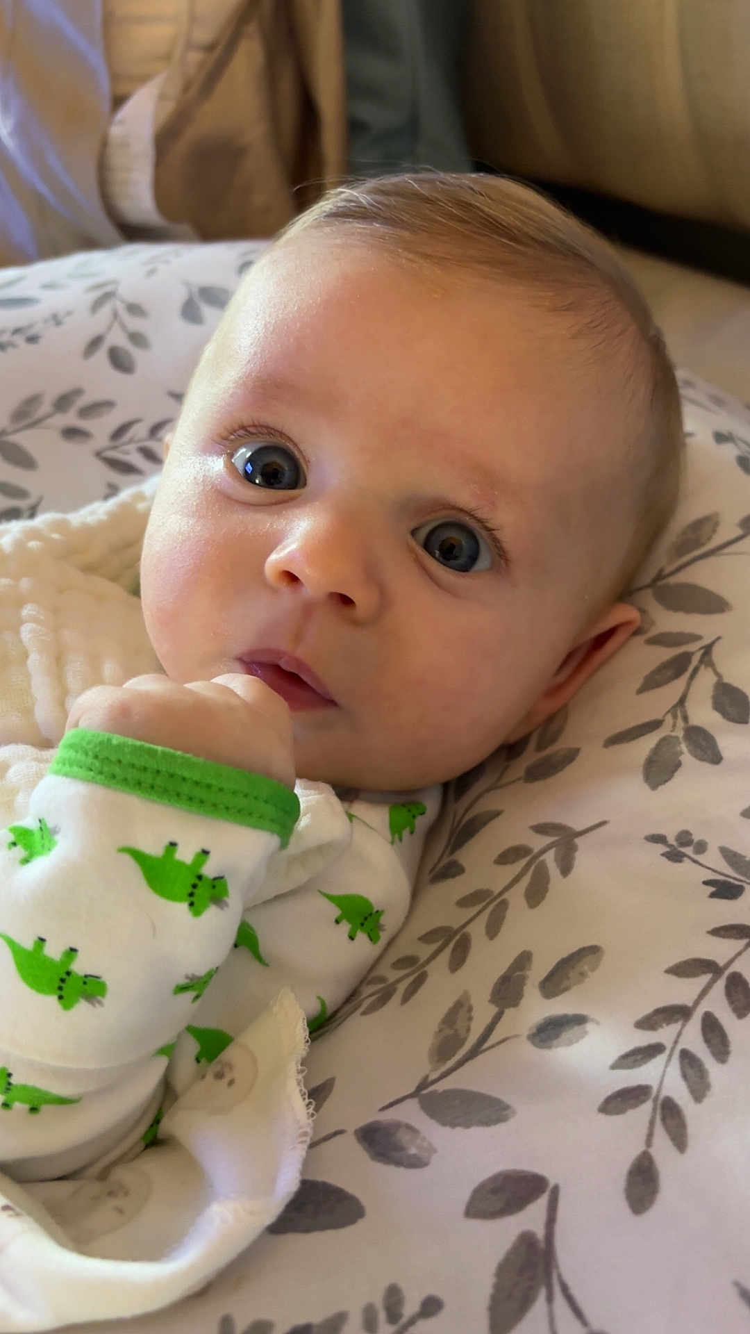 Zaiden is registered to the contest to win money with this photo: baby, infant, face, onesie, dinosaur_pattern, hand, blue_eyes, blanket, close_up, portrait, cute, child, soft_lighting, indoor, expression, newborn, skin, sleepwear, resting, curious