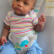 Kavion Cooper joined the competition — help win amazing prizes! baby, child, infant, striped_shirt, blue_shorts, baby_seat, tear, doodle, hand_drawing, heart, toy, monkey_design, sun_design, cute, expression, indoor, seated, person, clothing, colorful