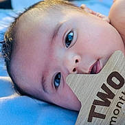 Anthony joined the competition — help win amazing prizes! baby, infant, two_months, wooden_sign, blue_blanket, close_up, face, hand, eyes, soft_texture, colorful_ball, background_blur, cute, newborn, lying_down, portrait, skin, child, toddler, indoors