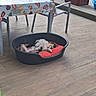 dog, sleeping, pet, pet_bed, red_cushion, indoor_outdoor, patio, poolside, wooden_floor, table, tablecloth, fruit_pattern, chair, stuffed_toys, dog_toys, toy_dumbbell, relaxed, upside_down, cozy, home_decor
