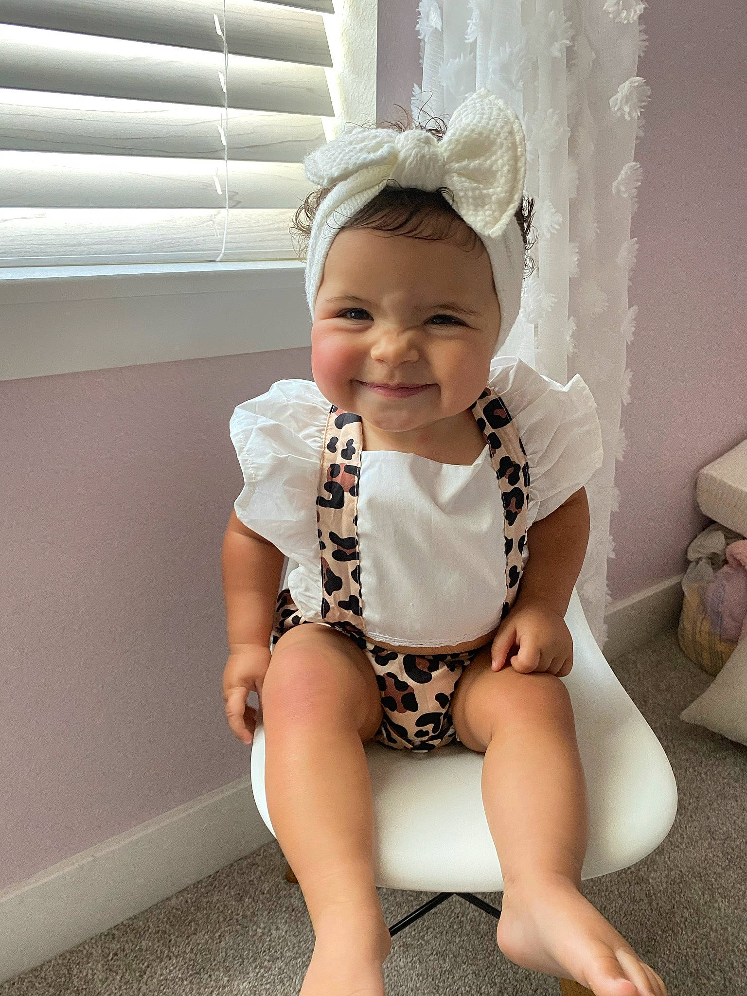 Jailee joined the competition — help win amazing prizes! baby, baby_toddler_clothing, blond, child, face, fashion_accessory, foot, happy, headband, headpiece, human_leg, joy, knee, pattern, person, skin, smile, thigh, thumb, toddler