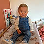 Noah a rejoint le concours — aidez-le/la à gagner de superbes lots ! toddler, child, smile, denim_overalls, sneakers, shoes, changing_mat, nursery, pillow, cartoon_painting, pink_wall, white_wall, indoor, portrait, happy, hands, baby_bedding, cute, jeans, sitting