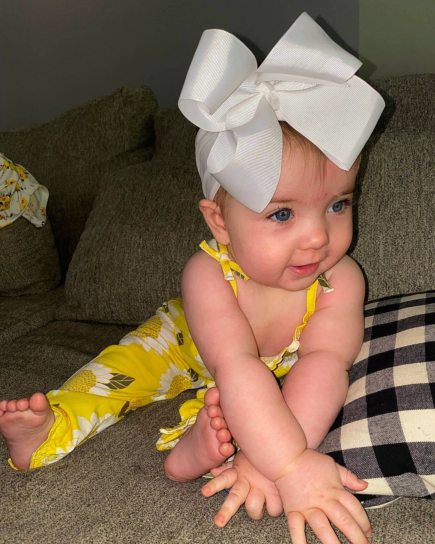 Camryn joined the competition — help win amazing prizes! baby, baby_toddler_clothing, barefoot, cap, child, comfort, costume_hat, eye, facial_expression, flooring, foot, fun, head, headband, headgear, headpiece, headwear, human_body, human_leg, person